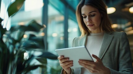 Businesswoman using a digital tablet to review financial data, focusing on accuracy and technology