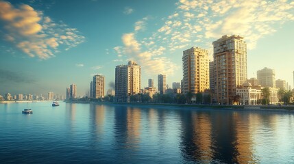 Fototapeta premium The Great Nile river and the banks of Cairo with fashionable buildings Egypt : Generative AI