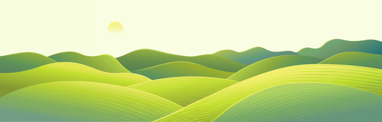 Obraz premium Hilly landscape, with green hills a panoramic format of. Vector illustration.