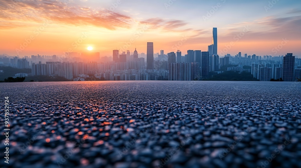 Poster empty asphalt road and modern city skyline with building scenery at sunset high angle view : generat
