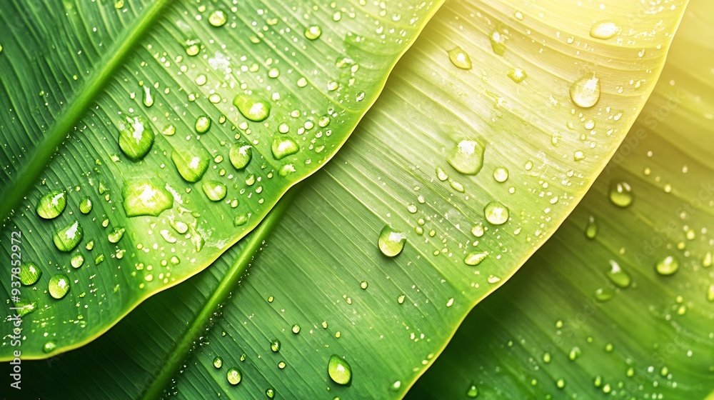 Poster closeup of green banana leaf background with details of a leafcovered in water droplets macro vibran