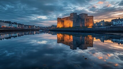 Obraz premium Reflection of King Johns Castle at dusk in Limerick city Ireland : Generative AI