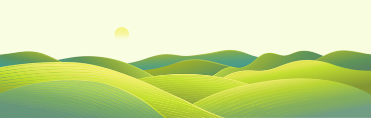 Obraz premium Hilly landscape, with green hills a panoramic format of. Vector illustration.