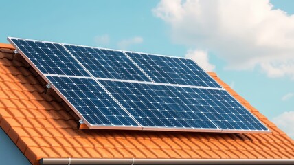 A solar panel installed on a residential roof, showcasing renewable energy technology against a clear blue sky.