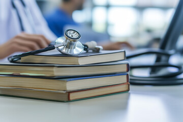 Stethoscope placed on a stack of textbooks with a doctor working on a laptop in the background. Medical education and research concept.