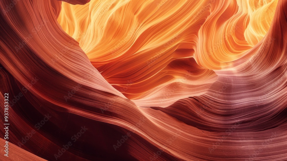Poster The image is of a canyon with a red and orange hue. The canyon is winding and has a lot of texture, giving it a sense of depth and movement. The colors and shapes of the canyon create a feeling of awe