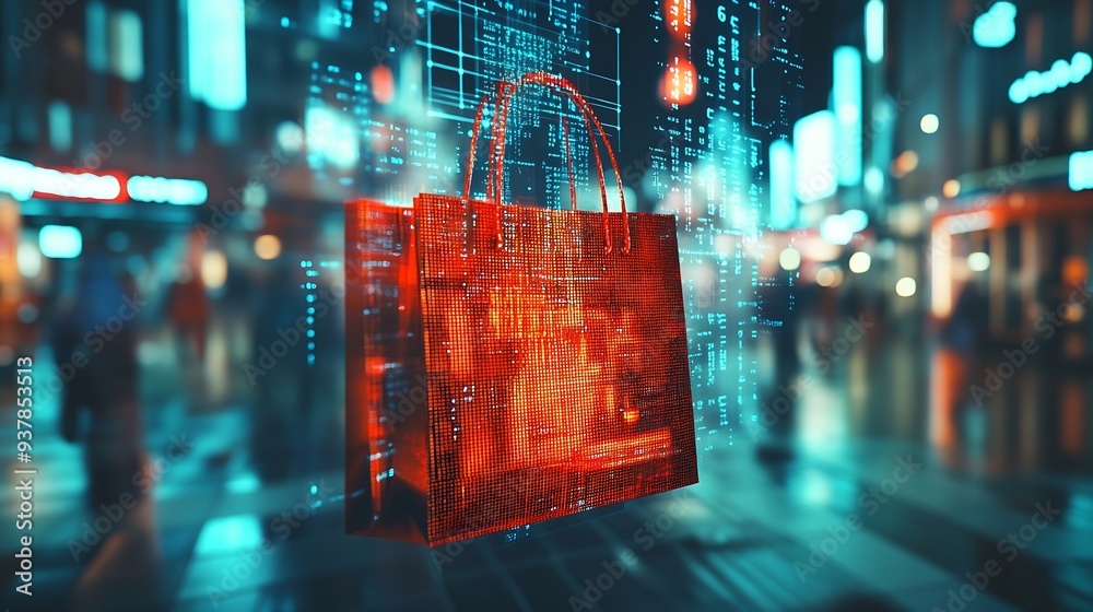 Aufkleber Image of financial data processing over shopping bag Global shopping business finance computing and data processing concept digitally generated image : Generative AI