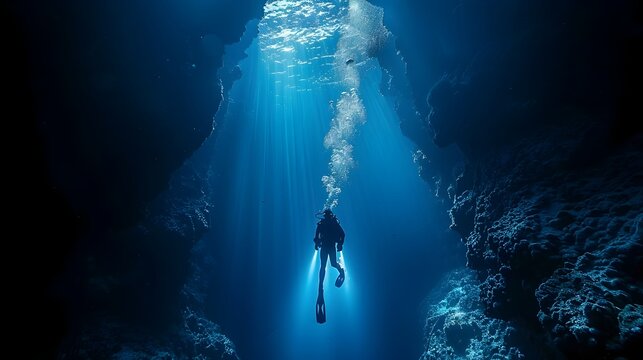 Diver exploring a deep sea trench illuminated by their flashlight ocean and marine life concept with copy space
