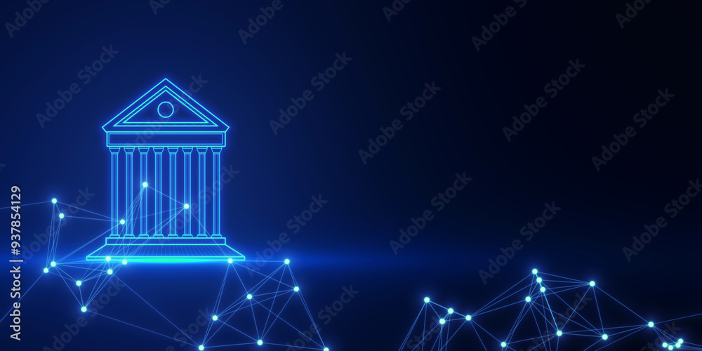 Fototapete digital hologram of a bank building on a blue background with network connections. 3d rendering