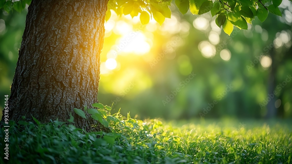 Aufkleber Blur background of sunlight shining though the tree with grass field Soft light nature photography Peaceful nature and solitude concept Design for relaxation and meditation spaces Clea : Generative AI