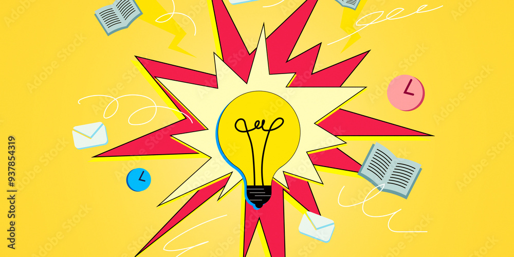 Poster pop art style illustration of a lightbulb with books and clocks on yellow background. 3d rendering