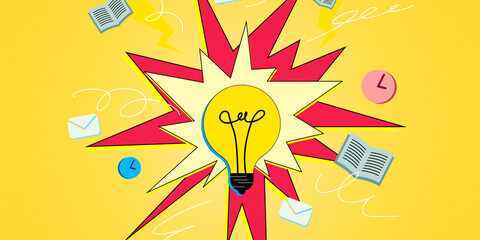 Pop art style illustration of a lightbulb with books and clocks on yellow background. 3D Rendering