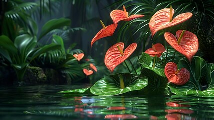 A serene scene featuring vibrant red flowers amidst lush greenery and calm water reflections.