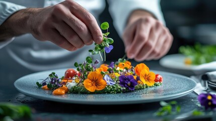 A chef carefully garnishing a dish with microgreens and edible flowers, showcasing the visual appeal in fine dining presentation