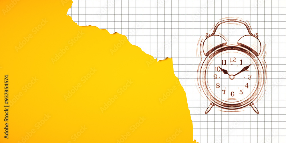 Poster Torn paper revealing clock sketch on grid paper background. 3D Rendering