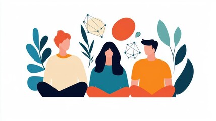 Stylized illustration of three people collaborating, sharing ideas, and engaging in creative discussions with abstract elements.