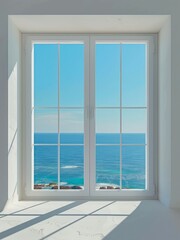 Cloudless sky and blue sea through a window indoors.
