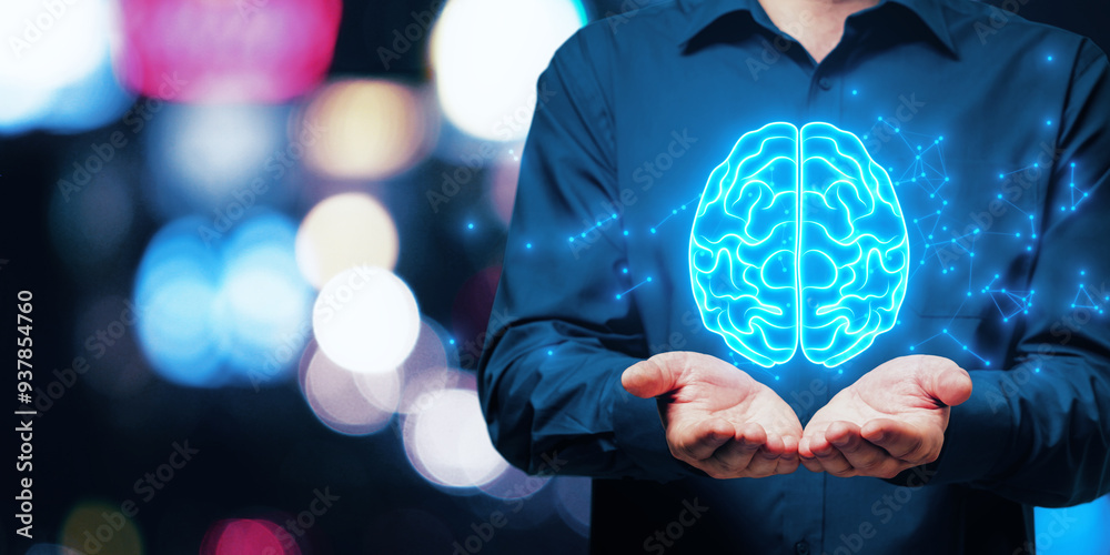 Poster man holding a digital brain hologram over his hands, showcasing artificial intelligence and neural n