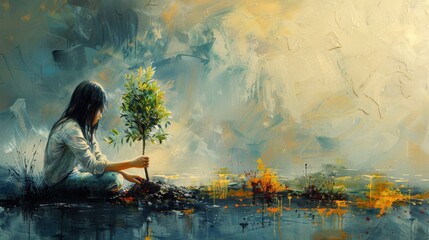Fototapeta premium A serene yet powerful image of a woman planting a tree, representing growth, nurturing, and the long-term impact of women's contributions to society, woman empowerment concept, abstract painting