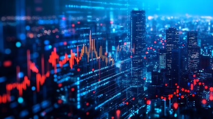 Image of financial data processing over cityscape Global business finances computing and data processing concept digitally generated image : Generative AI