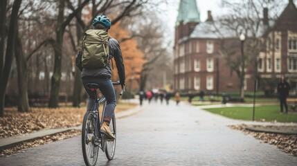 A person cycling on a path lined with trees and buildings in a serene outdoor setting.