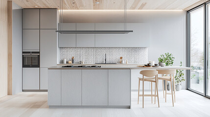  A minimalist kitchen with light gray cabinets