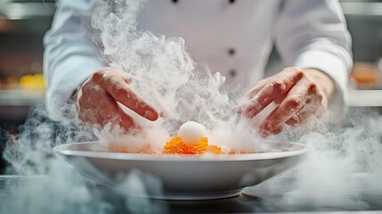 A chef preparing a dish using molecular gastronomy techniques, such as spherification or foams, highlighting innovation in modern cooking