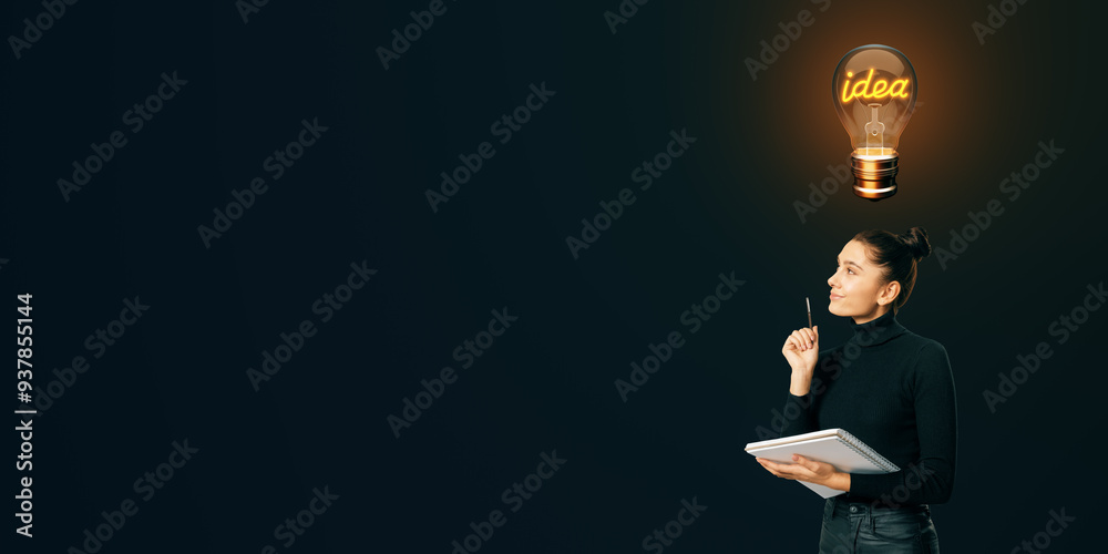 Poster woman with notepad and glowing idea lightbulb symbol on dark background, concept of creativity and i