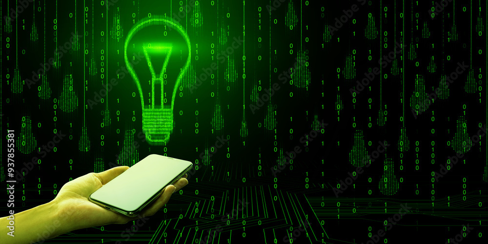 Poster hand holding smartphone with a glowing green digital lightbulb on a dark matrix background, symboliz