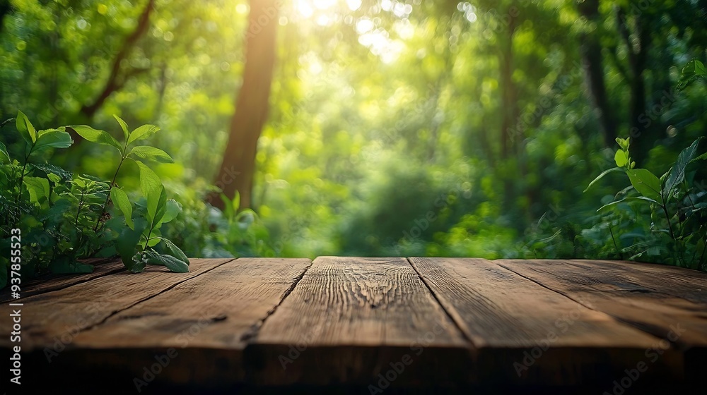 Poster empty wood table top with blur background of nature lush green forest the table giving copy space fo