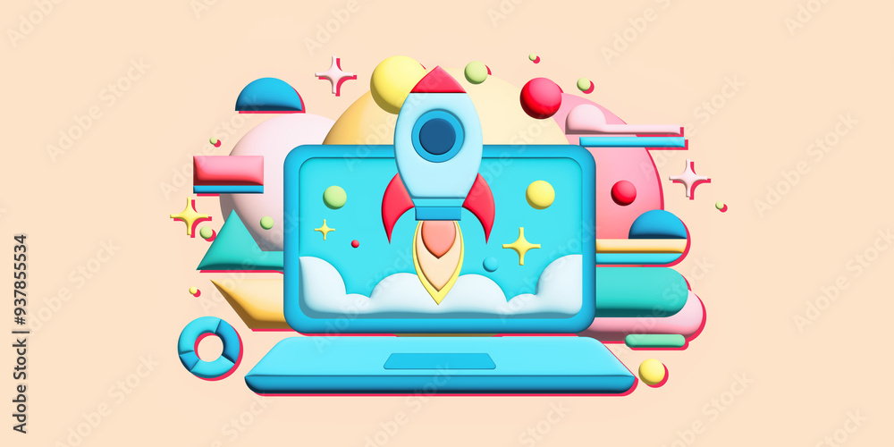 Poster colorful rocket launching from a laptop screen amidst geometric shapes. 3d rendering