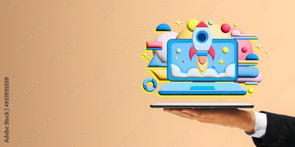 Poster digital startup concept with a rocket launching from a laptop.