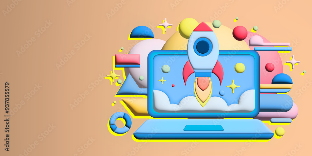 Poster Conceptual illustration of a rocket launching from a laptop screen. 3D Rendering