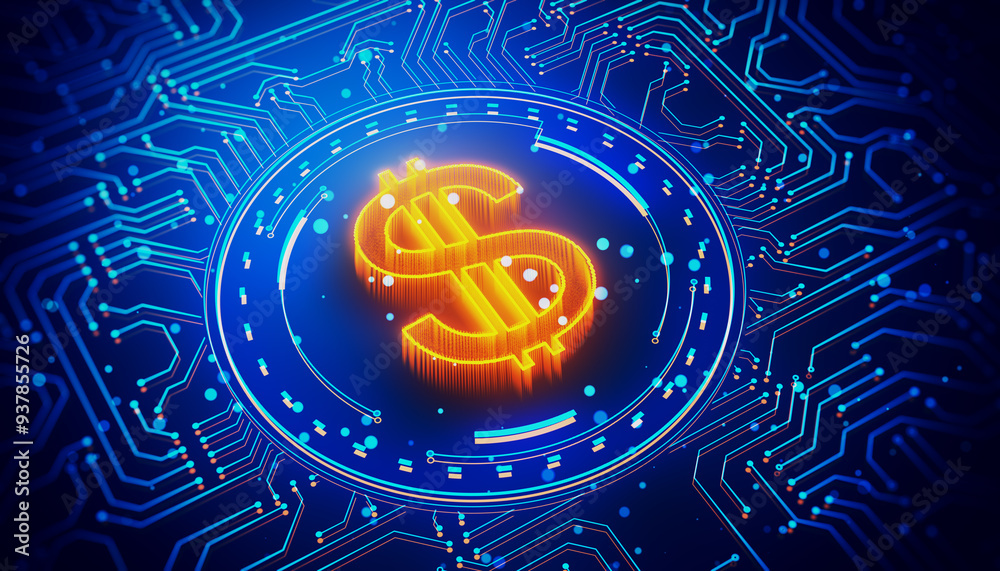 Poster futuristic digital currency concept with glowing dollar symbol. 3d rendering