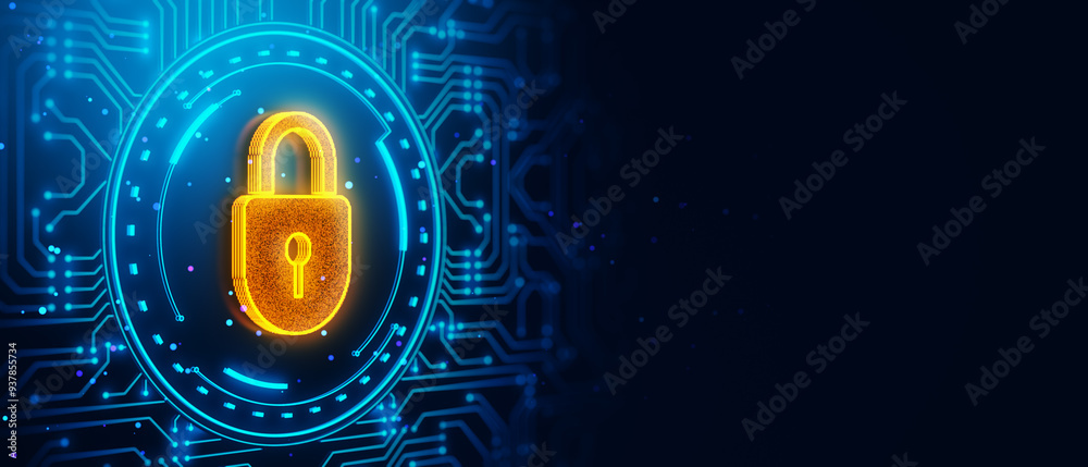 Aufkleber Neon padlock icon with digital circuit background. 3D Rendering