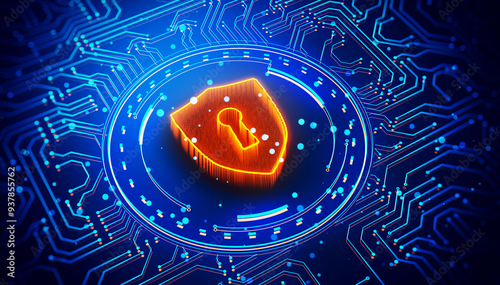 Poster Digital shield with keyhole symbol on neon blue circuit background. 3D Rendering