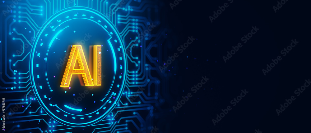 Poster AI letters in glowing neon circle on a circuit board background. 3D Rendering