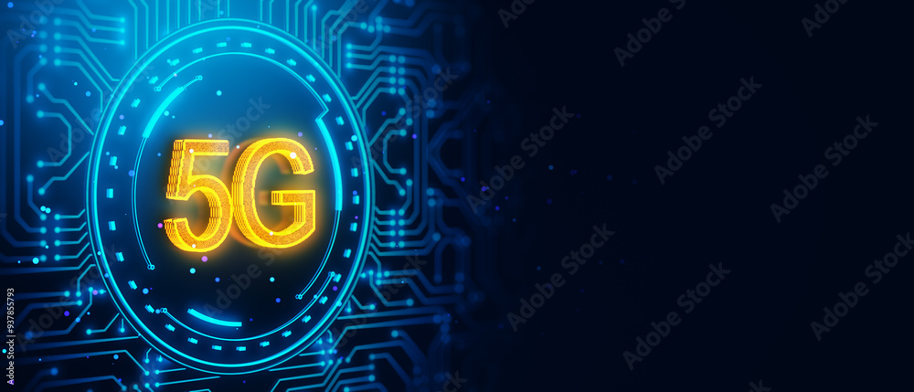 Poster neon glowing 5g symbol on a digital circuit background. 3d rendering
