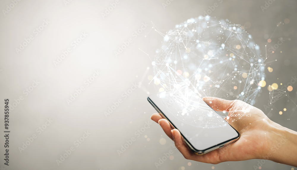 Poster Hand holding smartphone with holographic global network sphere and data points.