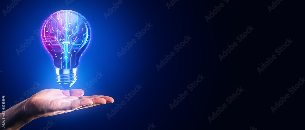 Aufkleber hand holding a glowing lightbulb with a digital circuit inside on a dark blue background.