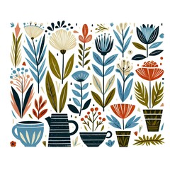 Painted linocut style flowers and plants in watercolor and ink, simple poster.