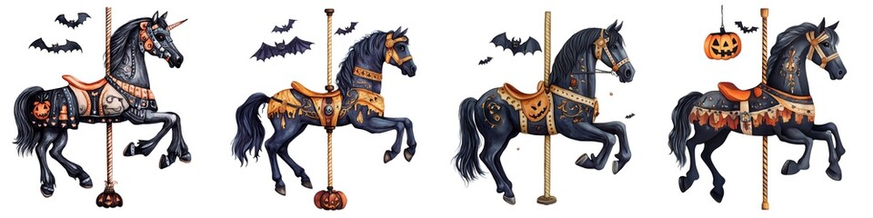 Fototapeta premium A whimsical collection of vintage carousel horses, perfect for Halloween-themed designs and festive illustrations.