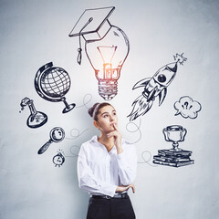 Businesswoman thinking about education and success concepts on a white wall.