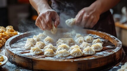 A cook making dumplings from scratch, filling and folding the dough with precision, showcasing the craftsmanship in this traditional dish