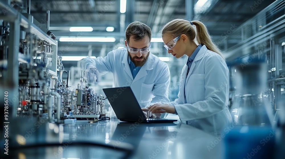 Aufkleber experienced male and female engineers standing on a platform at a modern industrial factory using la