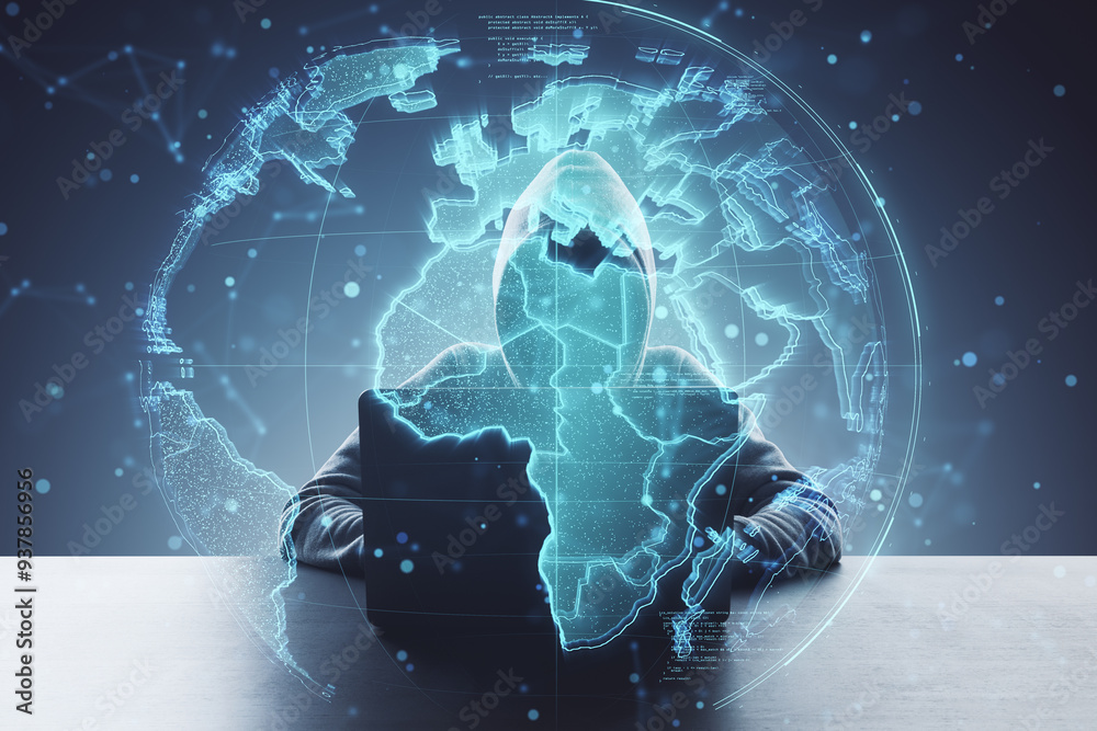 Poster a hooded figure sits behind a laptop with a holographic digital world map overlay in blue light. dar