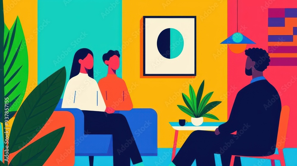 Wall mural colorful illustration of a therapy session, featuring a diverse group engaging in conversation, set 