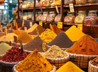 Colorful display of various spices and herbs at a market, arranged in bowls.