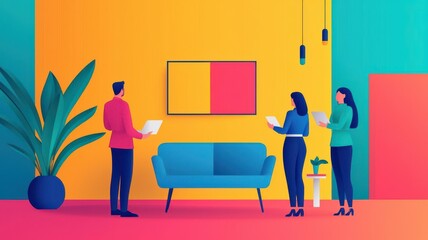 A vibrant illustration of people discussing interior design in a colorful living room with modern furniture and decor.