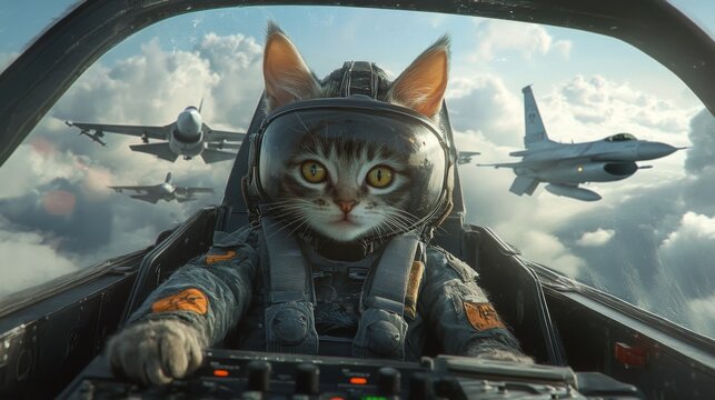 An cute pilot cat wears aviator helmet flying a jet with other aircrafts in the sky, displaying an adventurous scene that embodies bravery and cuteness. - Powered by Adobe
